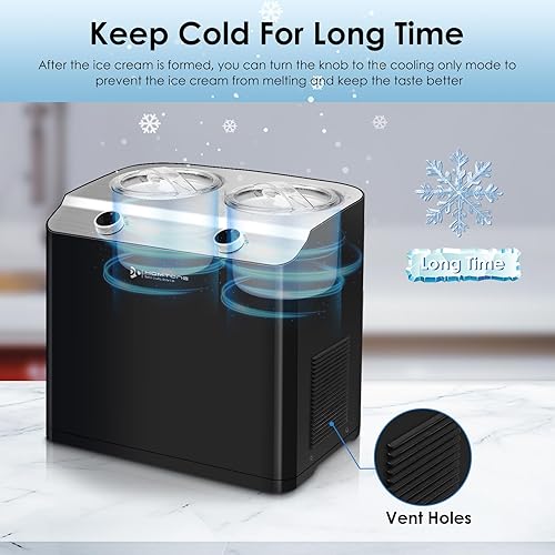 Miniatura 8 de Homtone Máquina de helados de 2 sabores, compresor de 2.6 cuartos de galón (2 x 1.3 qt) de mayor capacidad y máquina de helado de congelación rápida