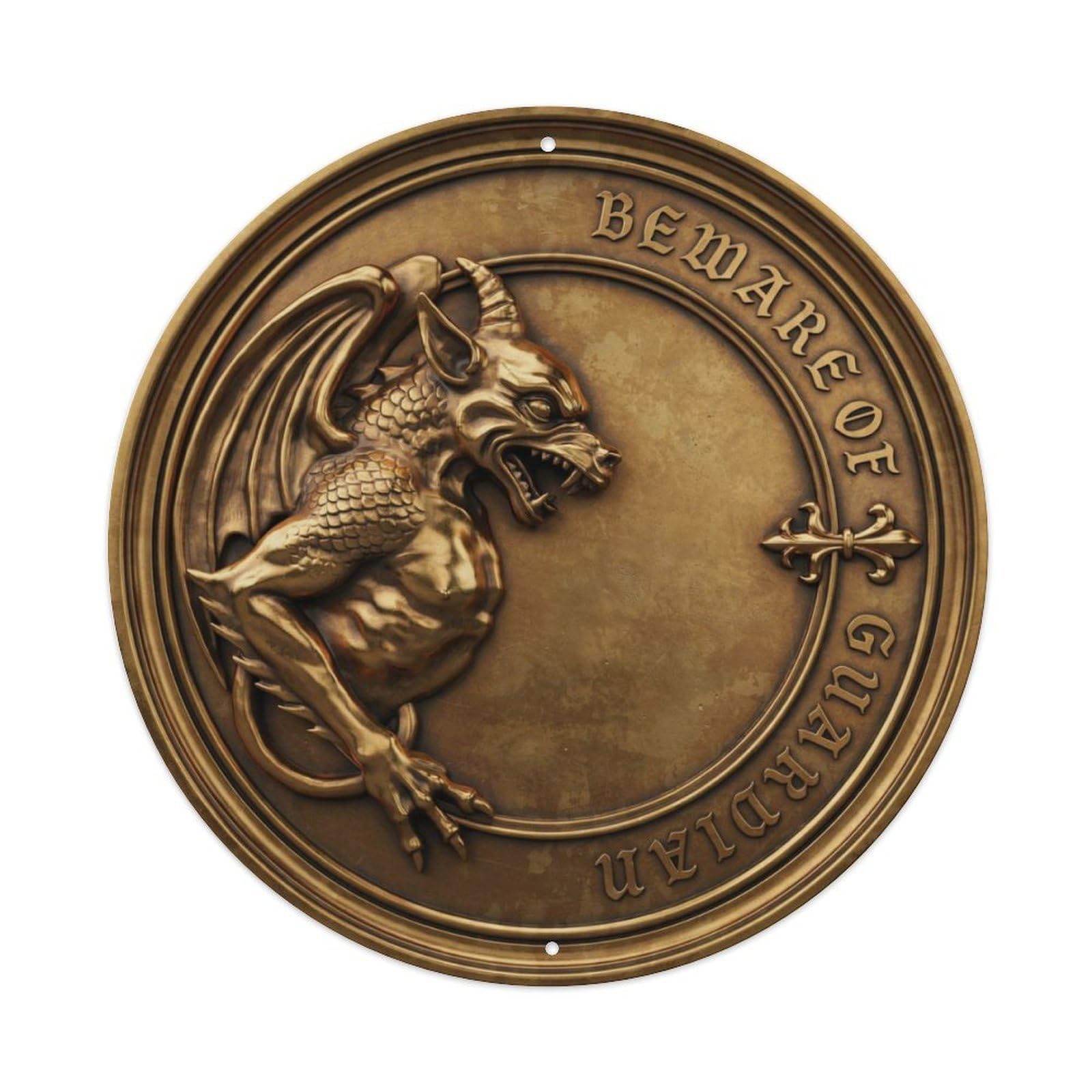 Gothic Brass Gargoyle Beware Of Guardian Round Metal Tin Sign Plaque