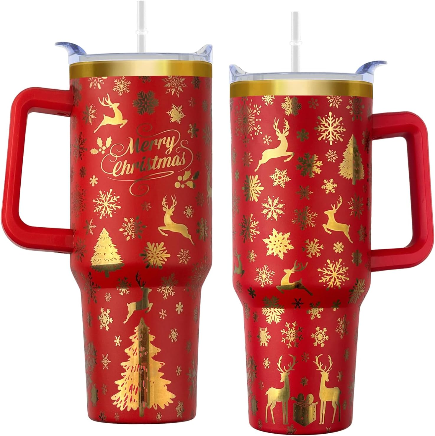 Heqianco 40oz Merry Christmas Tumbler with Handle,Snowflake Coffee Cups with Lid and Straw,Stainless Steel Insulated Travel Elk Mug,Xmas Gifts for Women & Men-Red