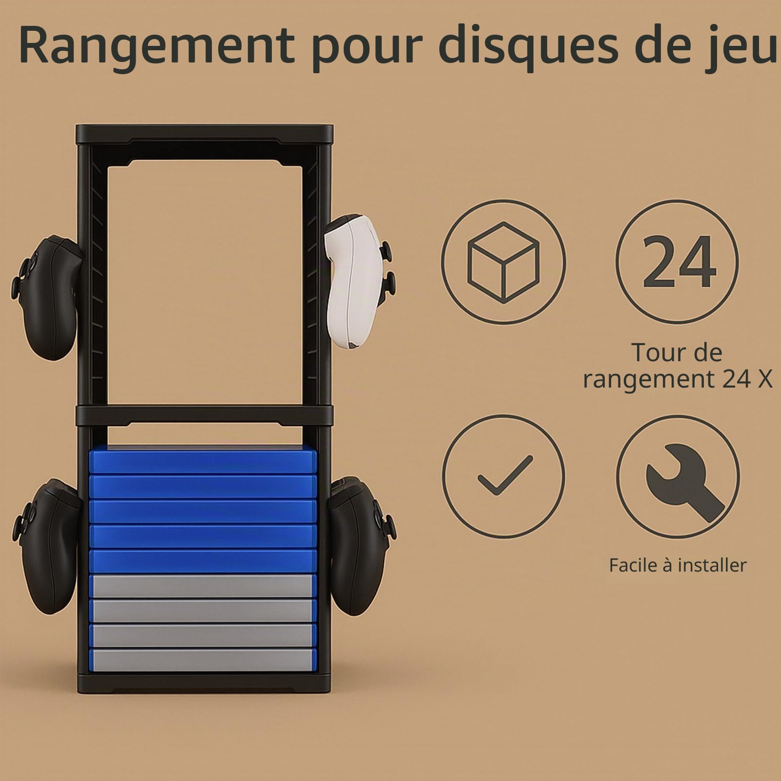 Tour de rangement de jeux pour PS5, PS4, Xbox Series X/S, Xbox One, Switch et disques Blu-Ray – Support de rangement pour 24 disques avec crochets pour manette et casque, vertical à double