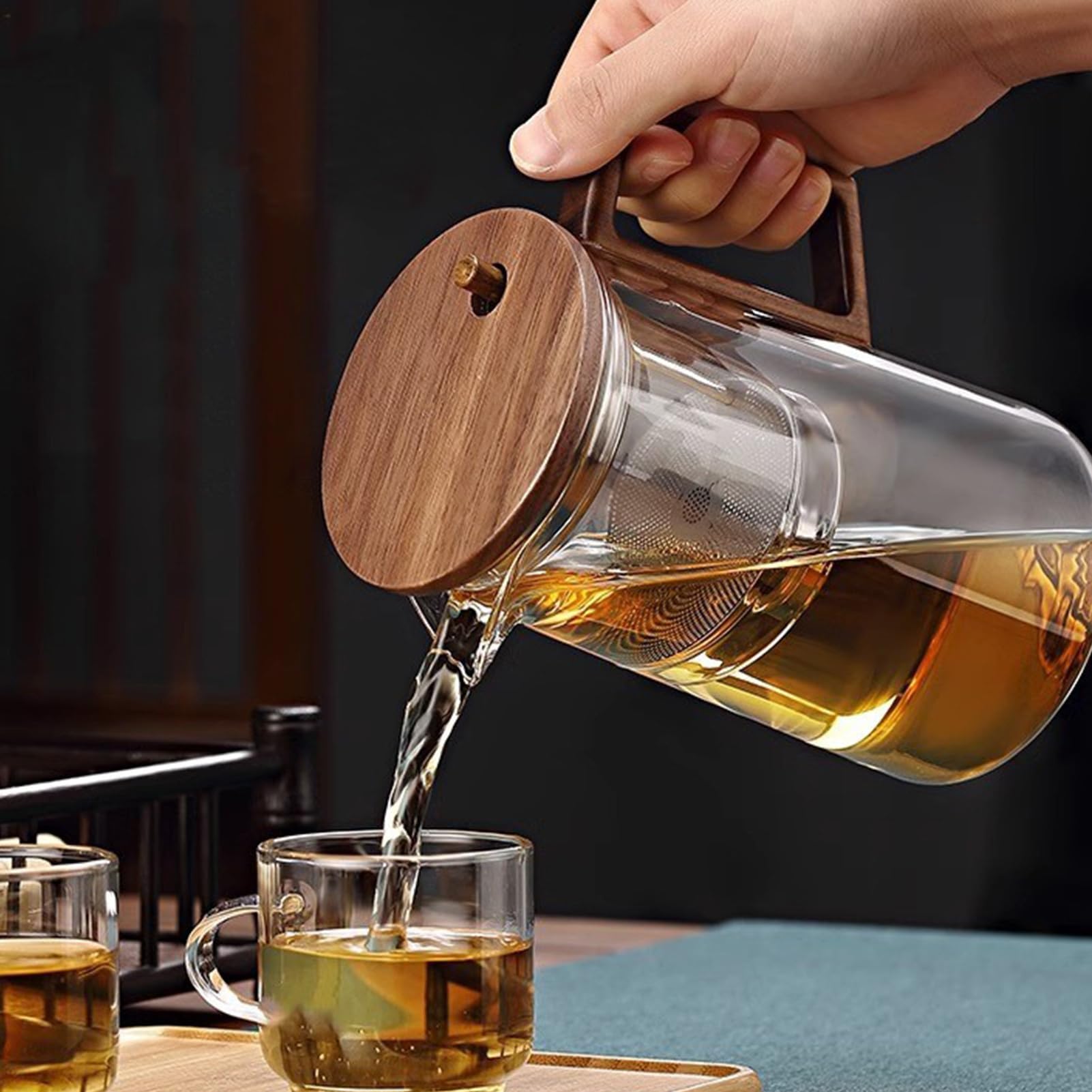 Teiera in con manico - teiera con filtro separazione acqua | Trasparente a un tocco con manico in legno | lavabile in lavastoviglie per tè verde, caffè, erbe aromatiche, boschi