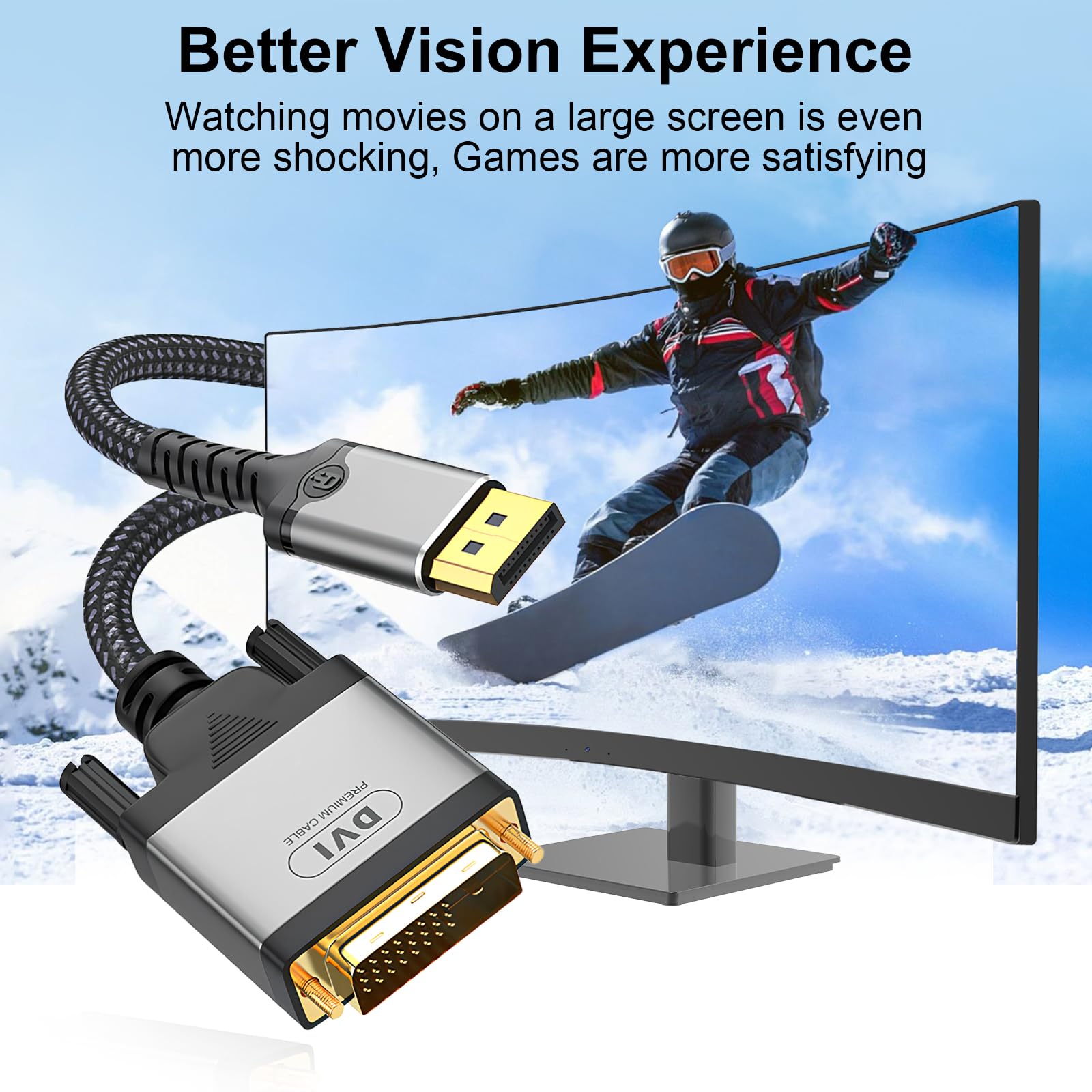 DisplayPort na DVI kabel 2 m, 4K 30 Hz Display Port do DVI-D 24+1, podwójnie pleciona linka nylonowa, obudowa ze stopu aluminium, pozłacana wtyczka, kabel DP na DVI do komputera, DVD, HDTV, projektora