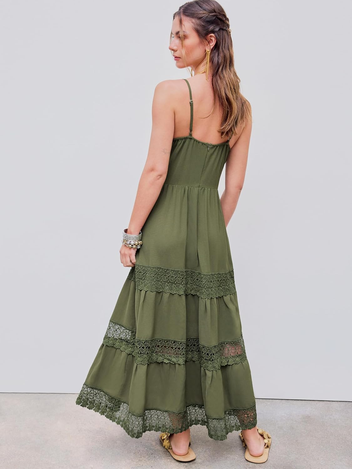 CIDER Maxi Dress for Women Lace Trim Tiered Cami Bohemian Holiday Vacation Square Neck Sleeveless Dress - Image 5