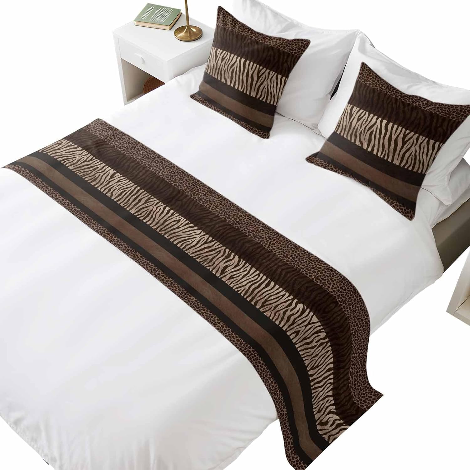 Bed Runner for Cal. King Size Bed, Animal Print Decorative Beds Runners and 2 Matching Pillow Covers Set, Abstract Leopard Zebra Skin Texture Brown Beds Scarf Throw for Foot of Bedding Set for Hotel