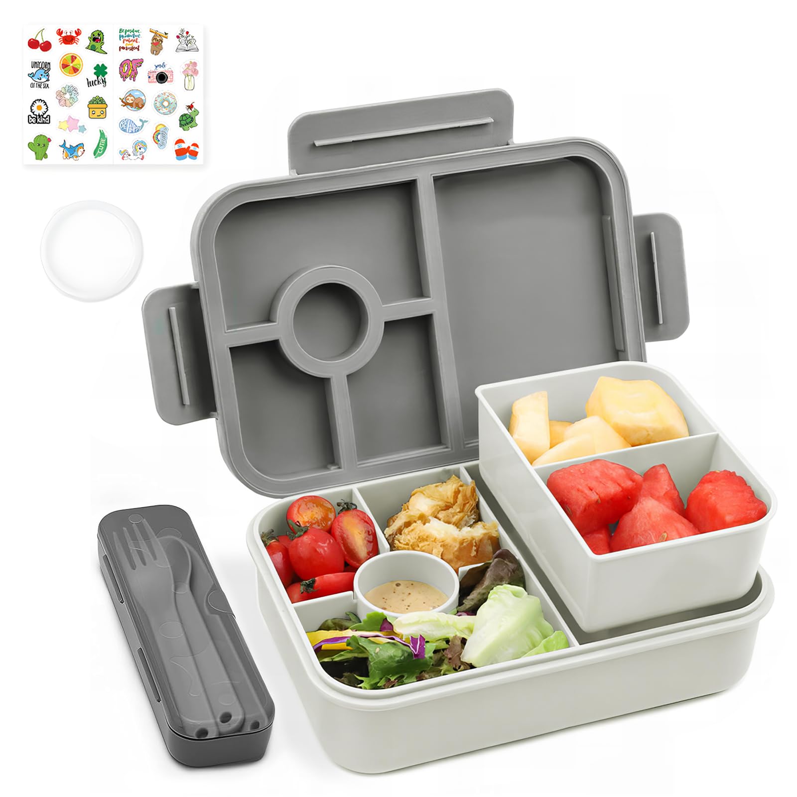 Bugucat Brotdose Kinder mit Fächern 1300ML, Lunchbox Kinder Auslaufsicher mit 5 Fächern, Bento Box Lunch Box mit Fächern für Erwachsene, Frühstücksbox Vesperdose für Jungen&Mädchen Grau