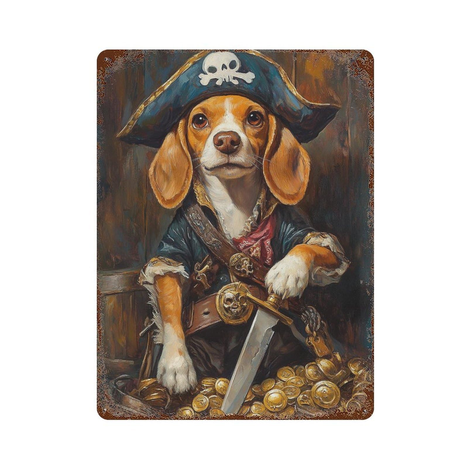 Retro Metal Sign Pirate Dog Treasure Chest-3 15.7"x11.8", Retro Wall Decor for Living Room, Hallway And Home Decor