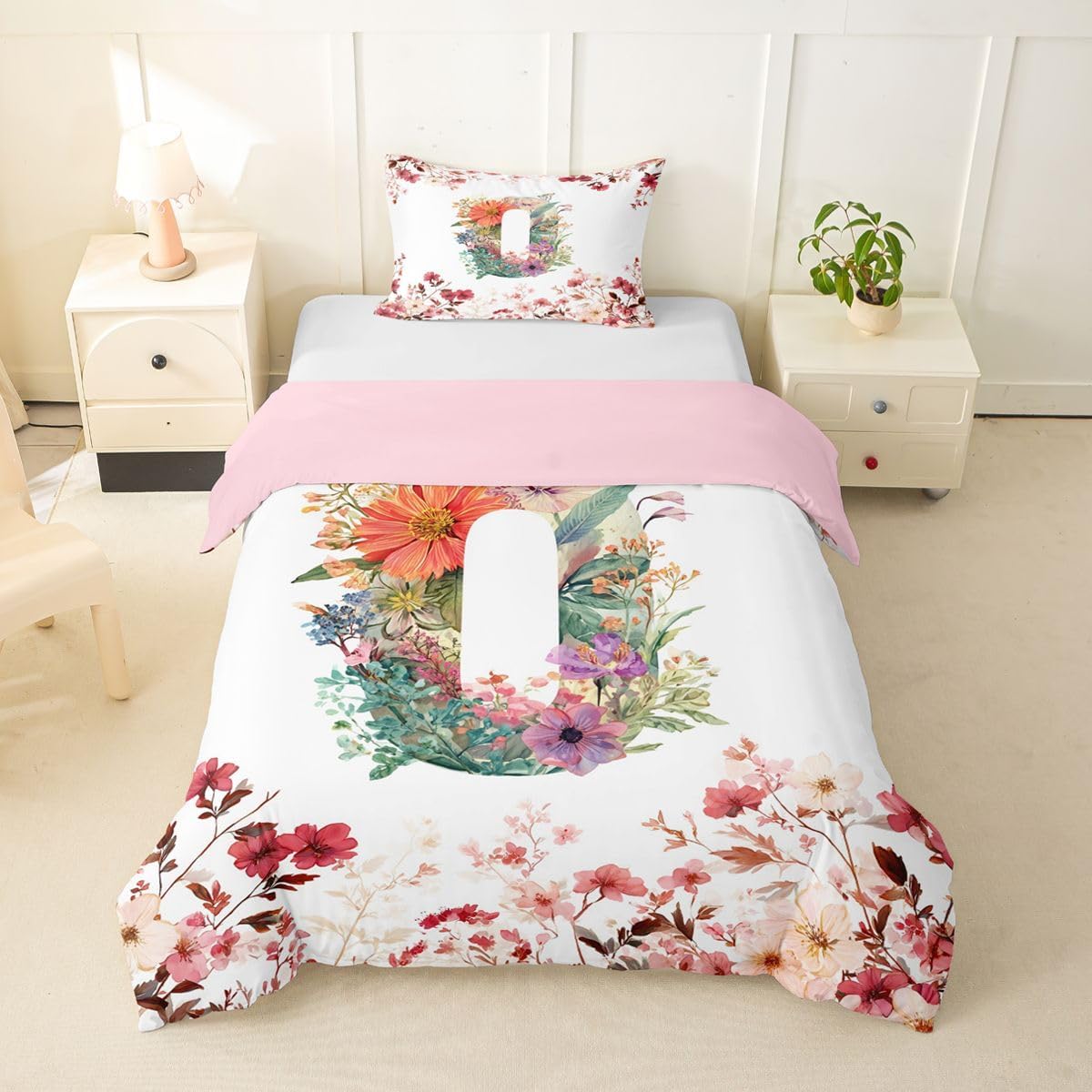 Erosebridal Spring Floral Toddler Duvet Cover Vintage Botanical Alphabet Letter Room Decor Bedding Set Watercolor Petals Personalized Initial O Comforter Cover,Coquette Cottagecore Monogrammed Bed Set