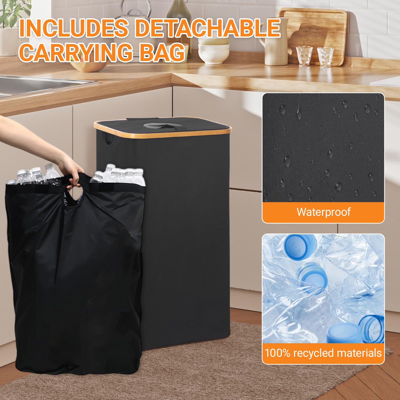 Conservazione Delle Bottiglie con Coperchio 110L,Contenitore per Bottiglie con 2 Borsa Interna Rimovibile,Contenitore Raccolta Bottiglie Deposito per Bottiglia e Bottiglie di Plastica, Nero