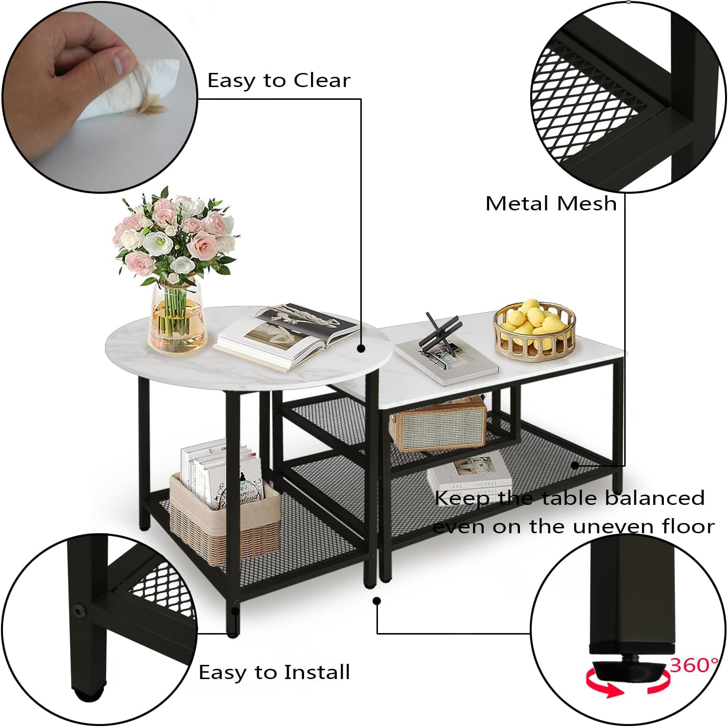 AT-VALY Nesting Table Set of 2, Modern Round End Table & Rectangular Coffee Tables for Living Room Apartment (Black)