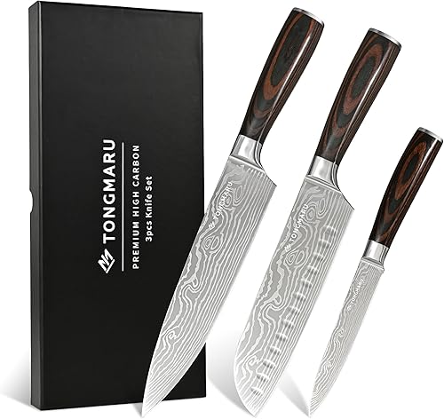 Juego de cuchillos de chef de cocina profesional, Razor Sharp de acero alemán de alto carbono, 3 piezas, mango ergonómico de madera de Pakkawood