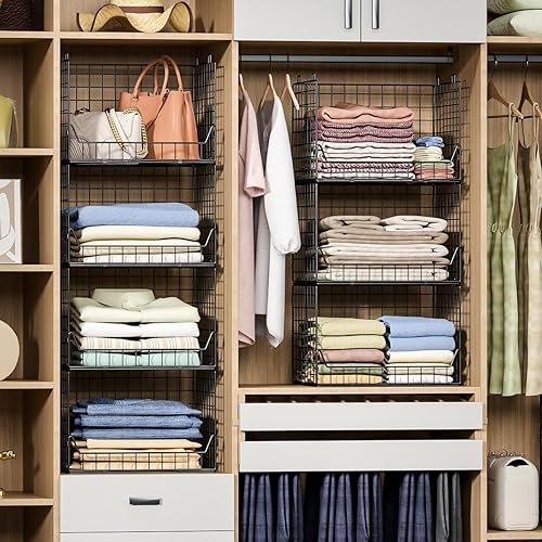 Miniatura 8 de Organizador apilable de armario de 4 niveles de altura extra, contenedores de almacenamiento plegables para suéteres, jeans y ropa, estantes de