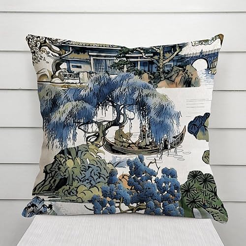 Vista 312 de ArogGeld Chinoiserie - Fundas de almohada escénicas asiáticas, estilo asiático, funda de almohada azul y verde Kelly, funda de cojín para decoración