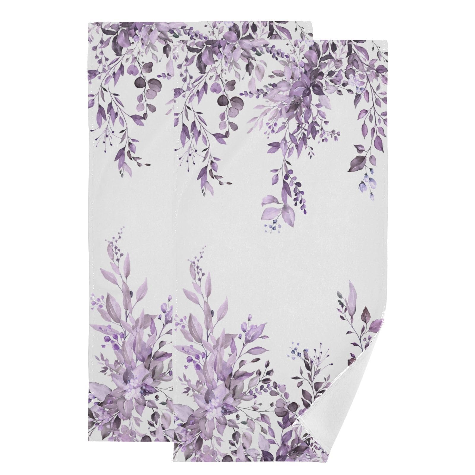 HUAZHIKOU Purple Eucalyptus Leaves Hand Towels for Bathroom Set of 2 Vintage Watercolor Face Towels Microfiber Leaf Floral White Kitchen Towels