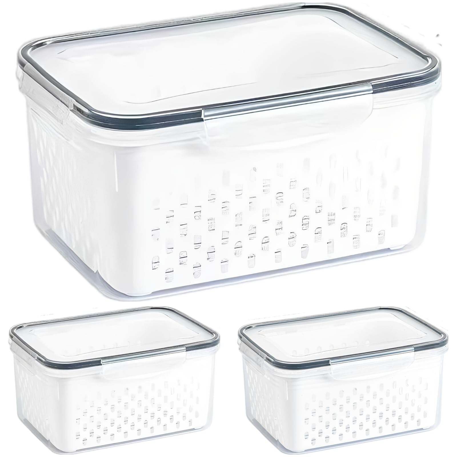 3 Stk. Obstdosen für den Kühlschrank, transparente Kunststoffboxen mit auslaufsicherem, herausnehmbarem Sieb, luftdichten Deckeln mit 4 Verschlüssen für Beeren und Gemüse, klein, mittel, groß