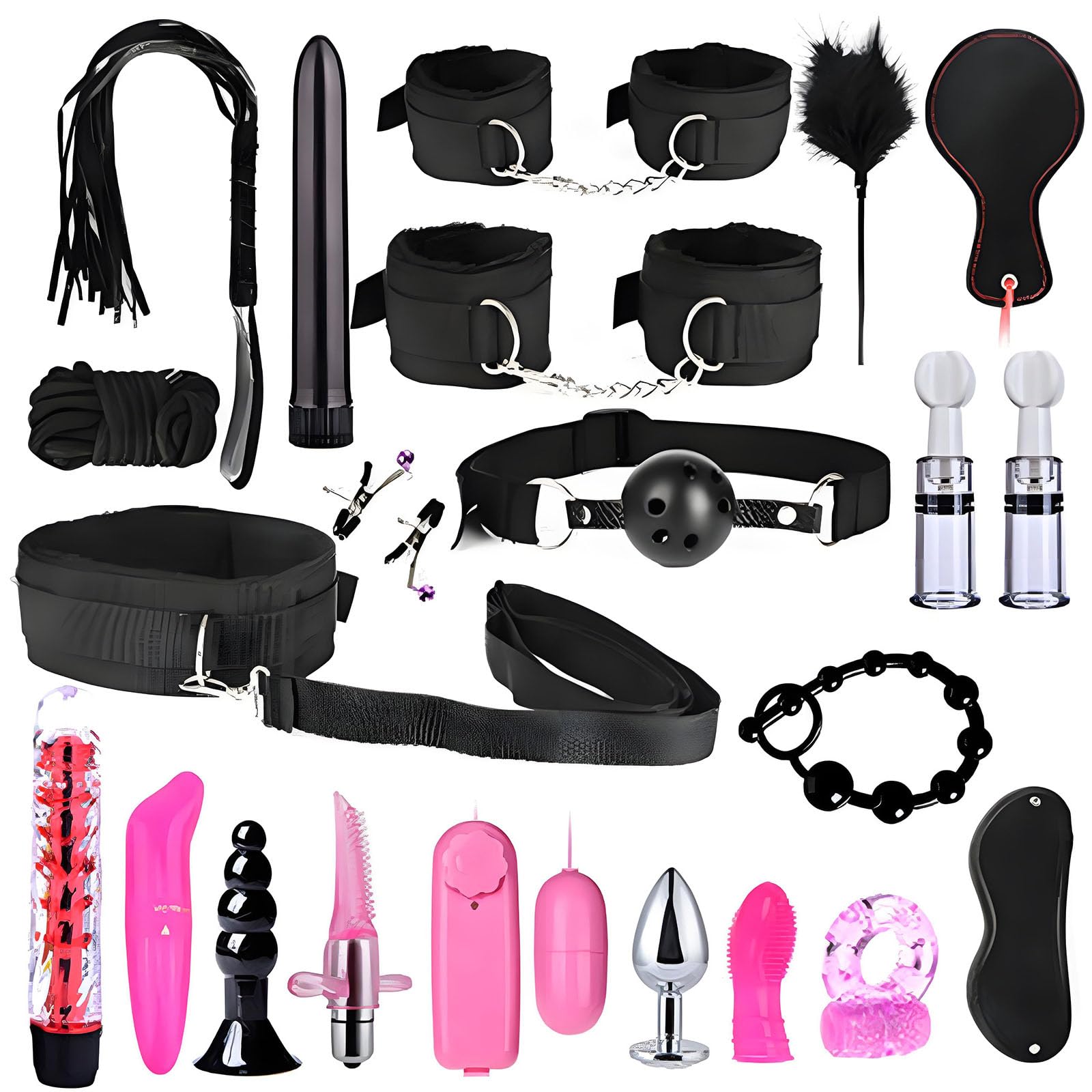 Set di 23 pezzi per bondage multifunzionale, kit di plug anali con cinghie in nylon e peluche BDSM per giochi di allenamento di coppia -LC21ITW (Nero:Z)