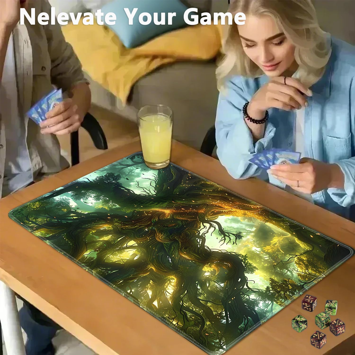 for MTG Playmat + Drawstring Travel Pouch + 6 Dice Counter, for Tabletop Trading Card Game Playmats or Mouse Pad, Anti-Slip Rubber 24 x 14 in, Magic Tree of Life for TCG Playmat (No with Zone)