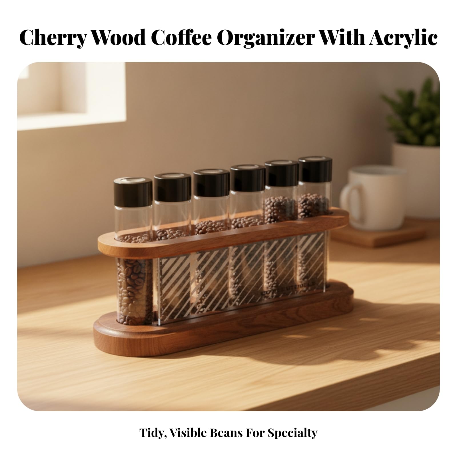 Rangement de Grains de Café Distributeur Rack Organisateur Présentoir Support avec Six Flacons Transparence Accès Visuel Base en Bois Style Chaleureux Convient à la Maison, style to 1