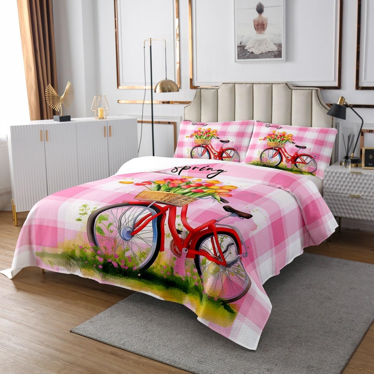 Manfei Hello Spring Bedspread Twin Size,Retro Truck Happy Camping Bedding Set 2pcs for Kids Teens Living Room Decor,Flowers Romantic Quilted Coverlet Soft Breathable with 1 Pillowcase