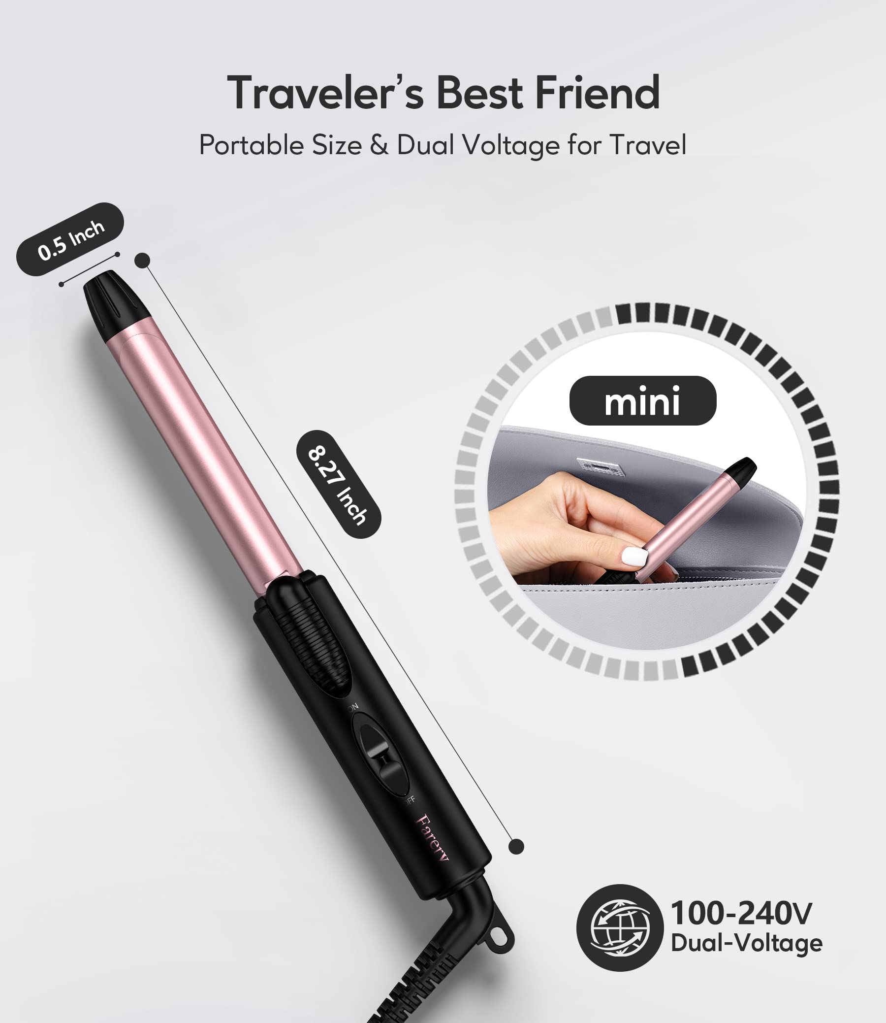 FARERY Travel Curling Iron Dual Voltage, Mini Curling Iron for Short Hair with 1/2 Inch Barrel, Ceramic Mini Hair Curler with with Keratin&Argan Oil Infused, Travel Size Curling Iron with Storage Bag