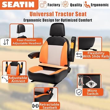 SEATIN Universal Tractor Seat, Comfortable Zero Turn Mower Seat with Adjustable Safety Belt Armrest Backrest Micro Switch for Forklift Skid Steer Loader Telehandler Dozer Excavator (Black)