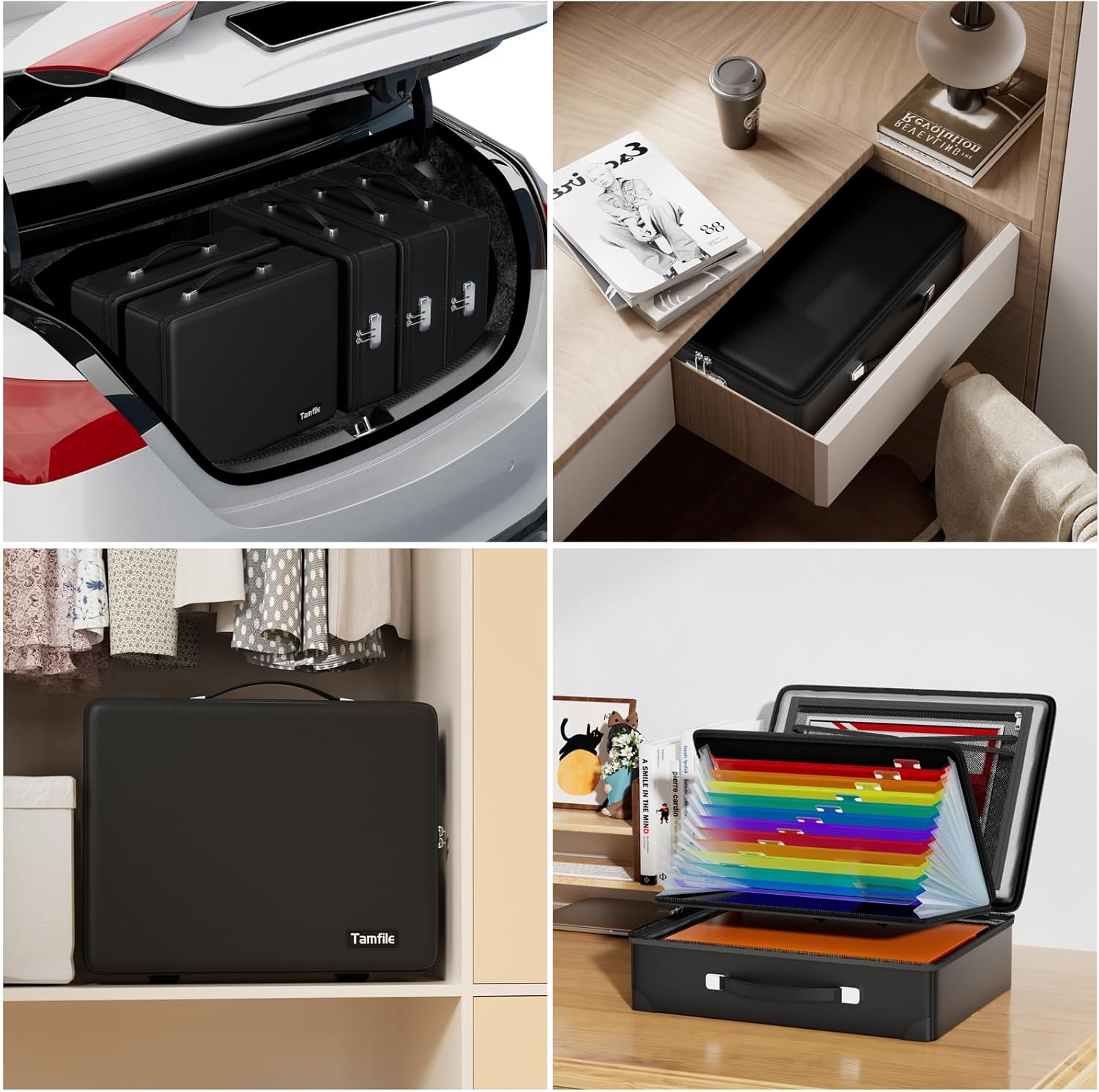 Fireproof Document Box with Fireproof Zipper, Hard Fireproof Safe Case with Lock, Fireproof Water Resistant Safe Box with Accordion File Organizer for Important Documents, Valuables, Laptop, Black