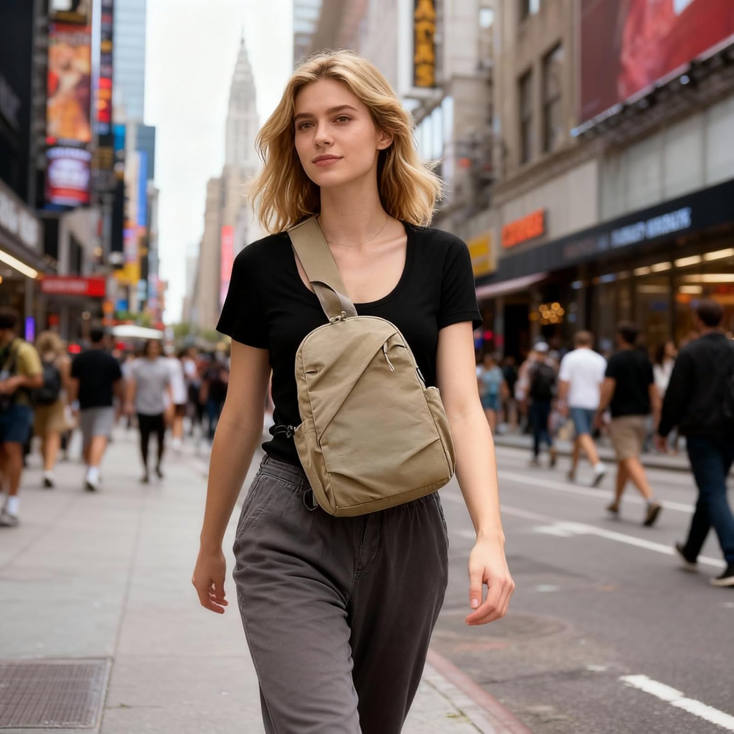 5L Sling Bag - Compact Lightweight Crossbody for Everyday Carry, Travel, Hiking, Fits 10" Tablet, Dual Side Pockets (Tan)