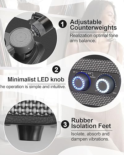 Miniatura 4 de Tocadiscos de vinilo con altavoces integrados mejorados, tocadiscos Bluetooth de 3 velocidades accionados por correa para discos de vinilo,