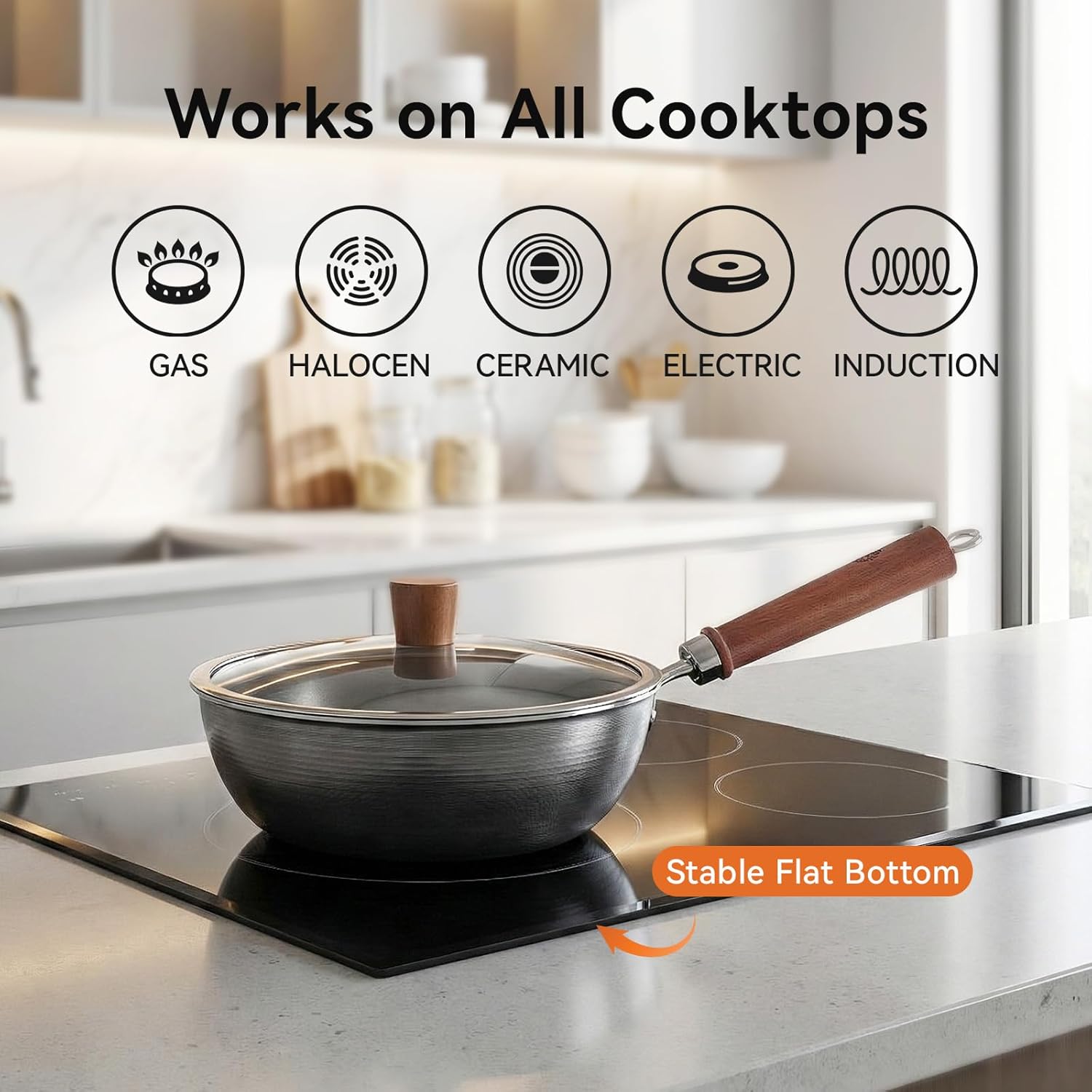 WANGYUANJI Small Carbon Steel Wok with Glass Lid (10.24"), 10 Inch Compact Stir Fry Pan for One Person, Thickened Deep Iron Skillet for Induction & Electric Stove, Flat Bottom Nitrided Wok, Black - Image 4