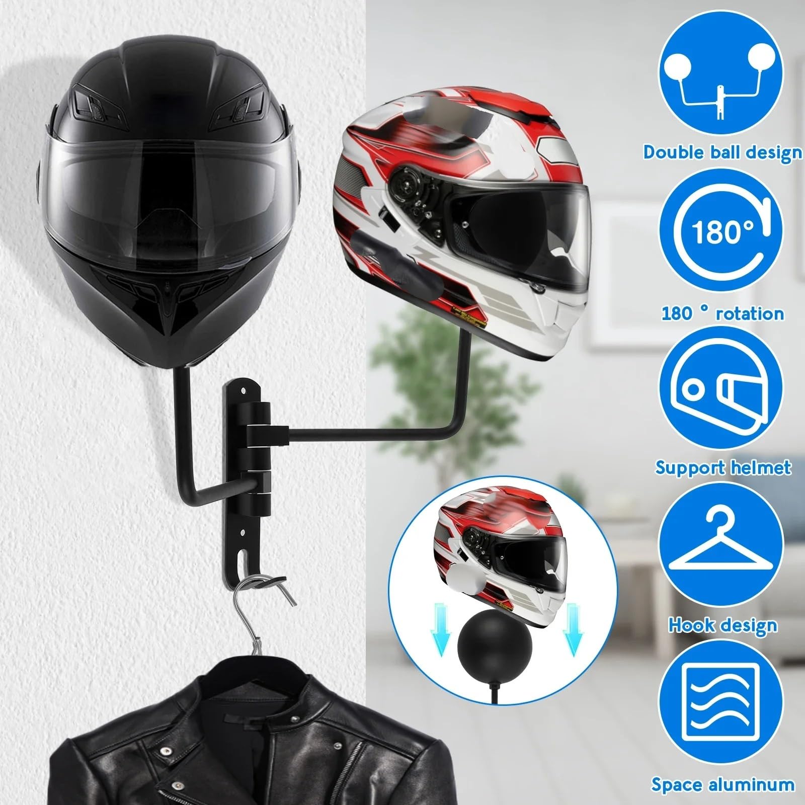 Helmhalterung Wand Motorradhelmhalter, Wandhalterung, 180 ° drehbar, Helmaufhänger, Helmständer, Aufbewahrungshaken for Motorrad-Fahrradhelme