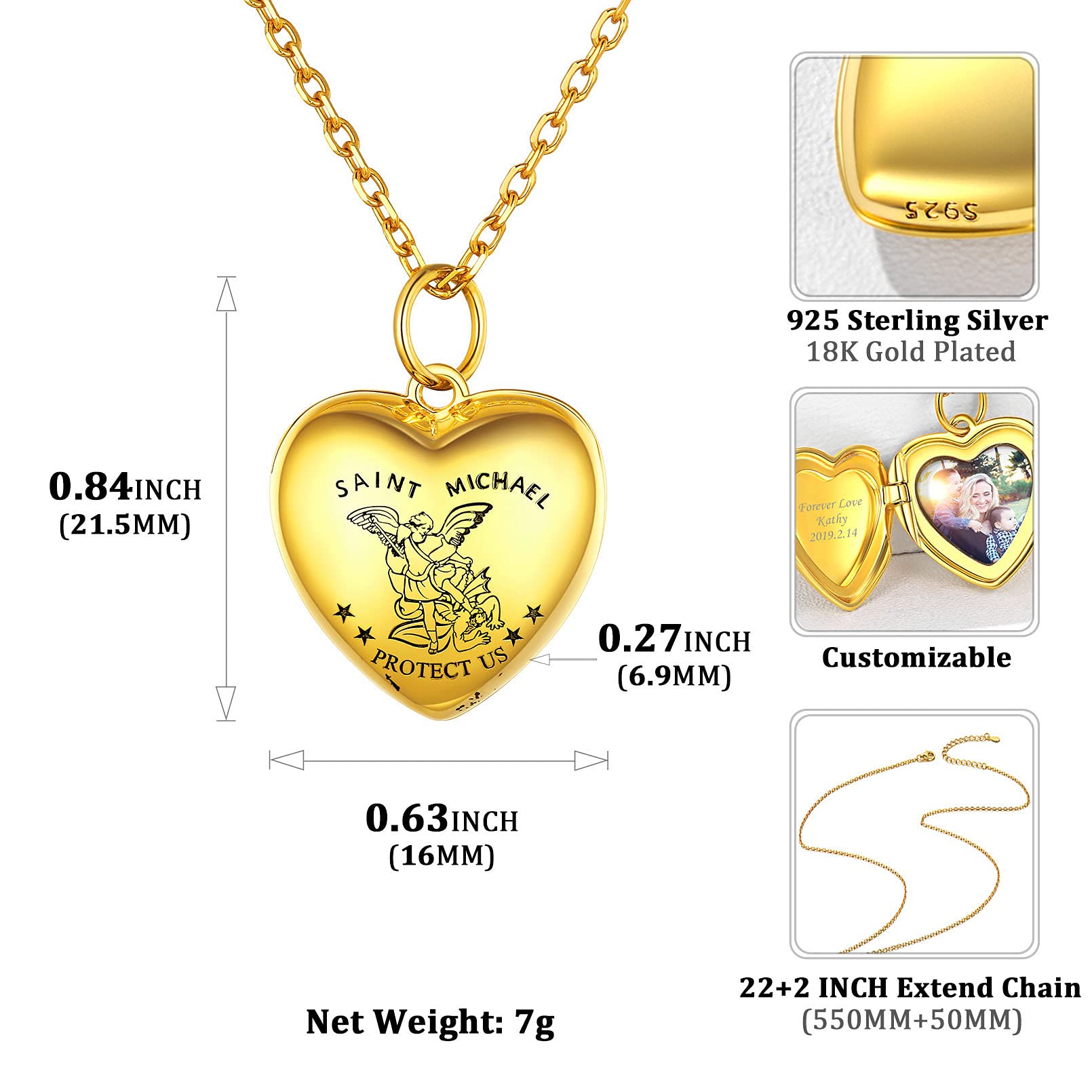 ChicSilver Kette mit Fotoanhänger für Damen, Personalisierter Schmuck Herz Medaillon mit Saint Christophorus, Foto Medaillon mit Saint Michael, Herz Kette mit Gravur Schmuck für Geburtstag Muttertag