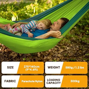 NatureFun Ultralight Travel Camping Hammock 300 kg capacity (275 x 140 cm) Breathable Quick-drying nylon parachute 2 x Premium Carabiner 2 x nylon slings Included For Outdoor Indoor Garden Use