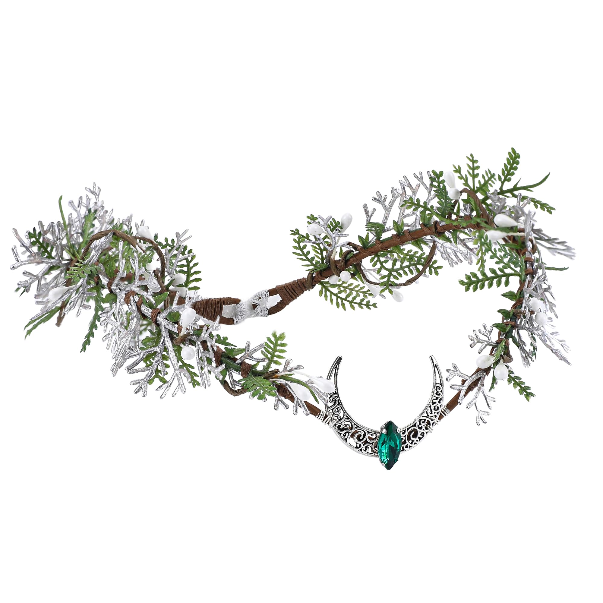 MOSTORY Green Moon Flower Crown - Handmade Elf Woodland Circlet Floral Headband Forest Fairy Headpiece Elven Tiara with Rhinestone for Renaissance