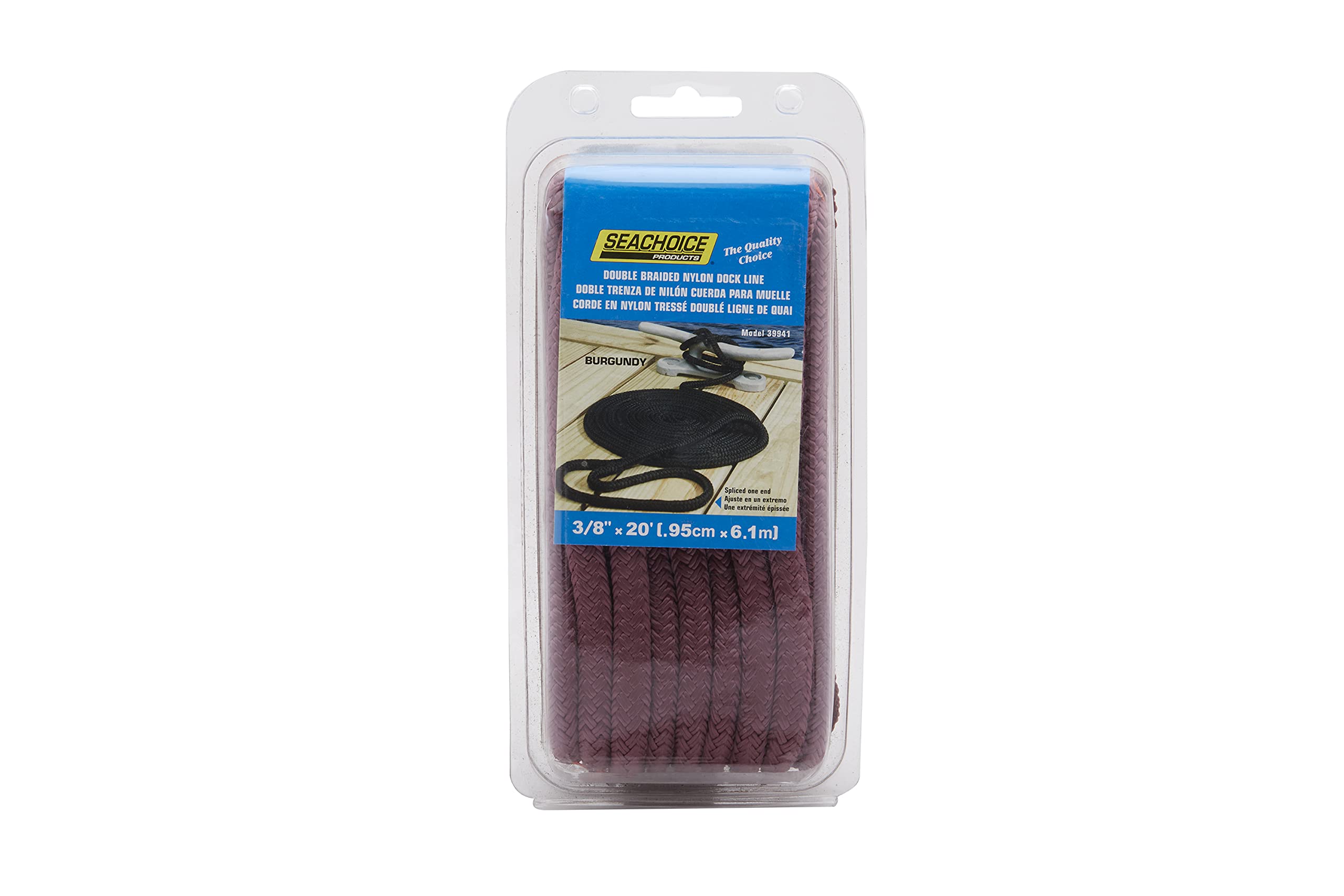 Seachoice Double-Braid Nylon Dock Line w/Eye Splice, Pre-Shrunk, Heat Stabilized, 3/8 in. X 20 Ft., Burgundy
