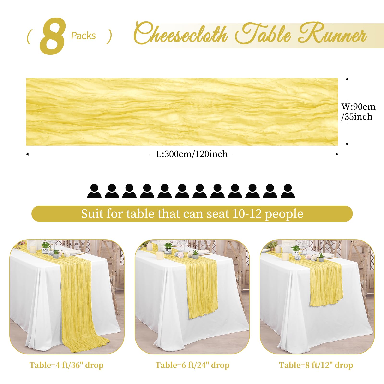 Lot de 8 Chemins de Table en Étamine Jaune, 90 x 300 cm en Tissu Gaze Rustique Bohème - Chemin de Table en Étamine Longue Nappe pour Mariage, Fête, Décoration