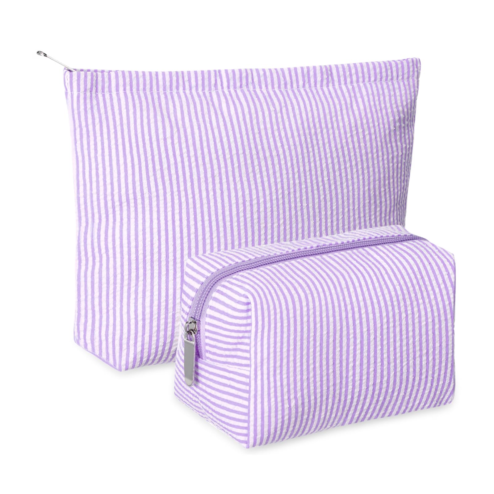 Huhumy 2 Pcs Makeup Bag Set Cute Cosmetic Pouch for Women Seersucker Travel Toiletry Bag Preppy Small Makeup Purse Pouch Aesthetic Skincare Brushes