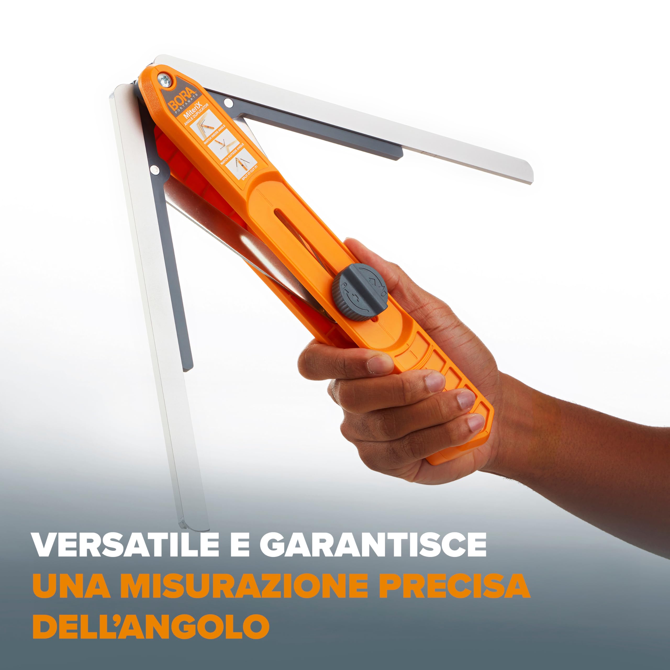 Bora 530401 Miterix. L'eccezionale strumento di misurazione del duplicatore che divide in modo da poter trasferire l'angolo esatto della mitra alla sega, argento/rosso