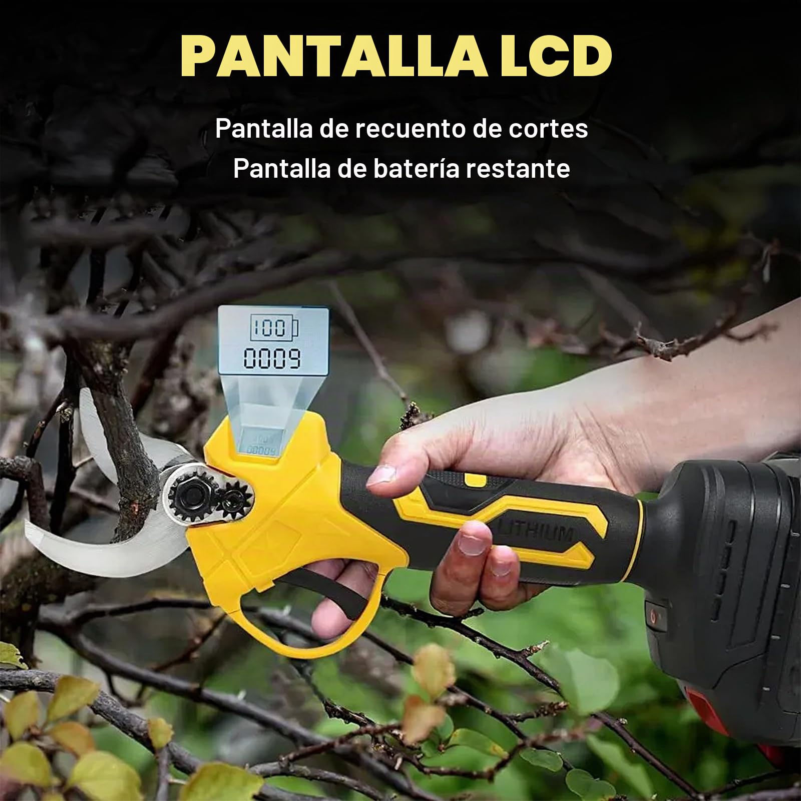 JIMACRO 35mm Tijeras Podar Electricas Brushless, 2 Niveles Ajustables Podadoras Profesionales con 2 * 2000mAh Baterías & LCD,Tijeras Eléctricas de Podar Inalámbricas para Jardinería Arboles Frutales
