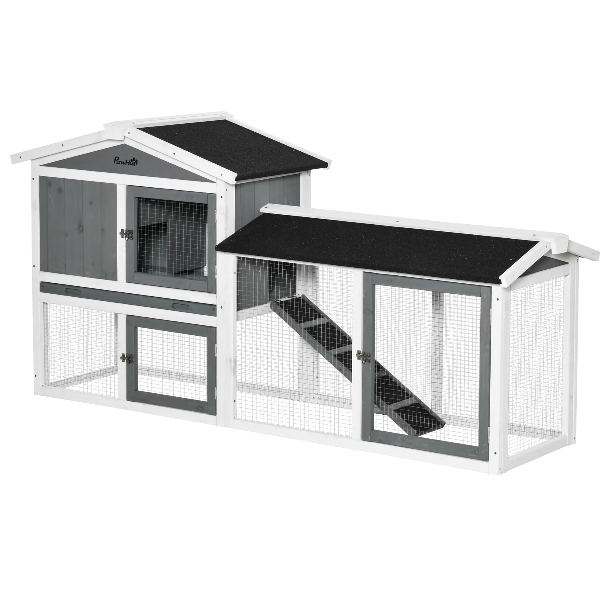 PawHut Two-Tier Wooden Rabbit Hutch w/Run Box, Slide-Out Tray, Ramp - White
