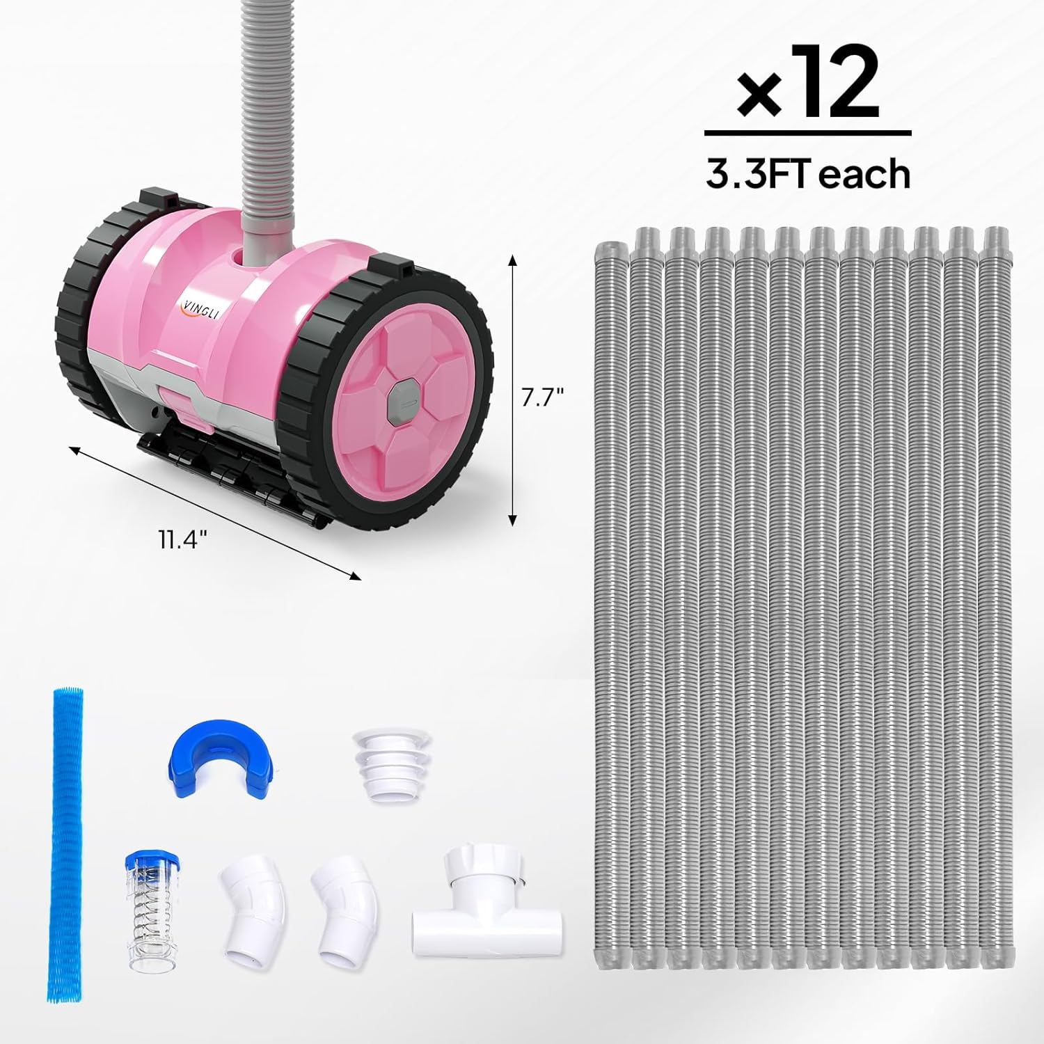 VINGLI Pro Auto Pool Cleaner – Advanced Suction Vacuum for Inground/Above Ground Pools – 40FT Hose, Quiet & Efficient Cleaning – Comfort Pink&Gray