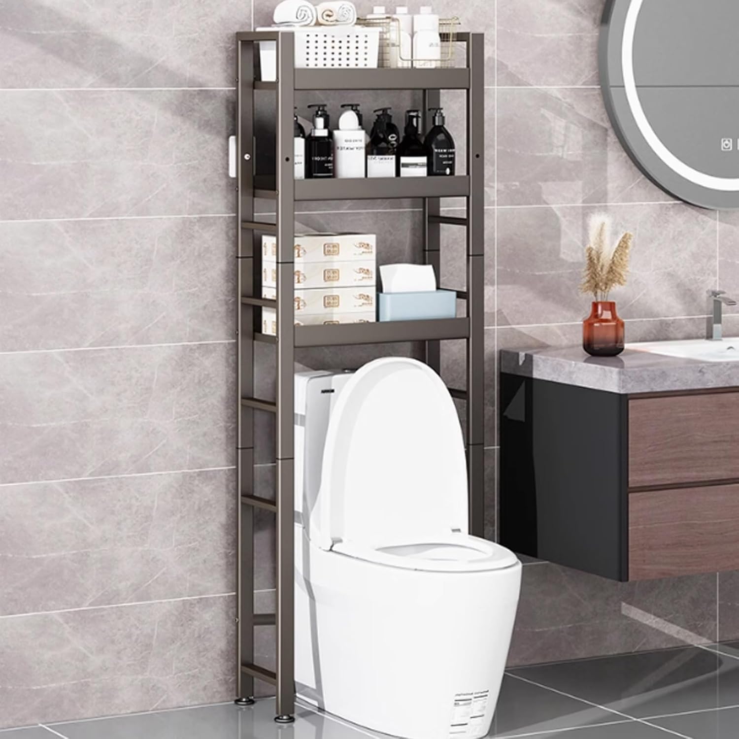 Over The Toilet Storage Cabinet, 2-Tier Bathroom Organizer Stable, Freestanding Toilet Rack Storage Shelves, for Bathroom, Restroom, Laundry(Black)