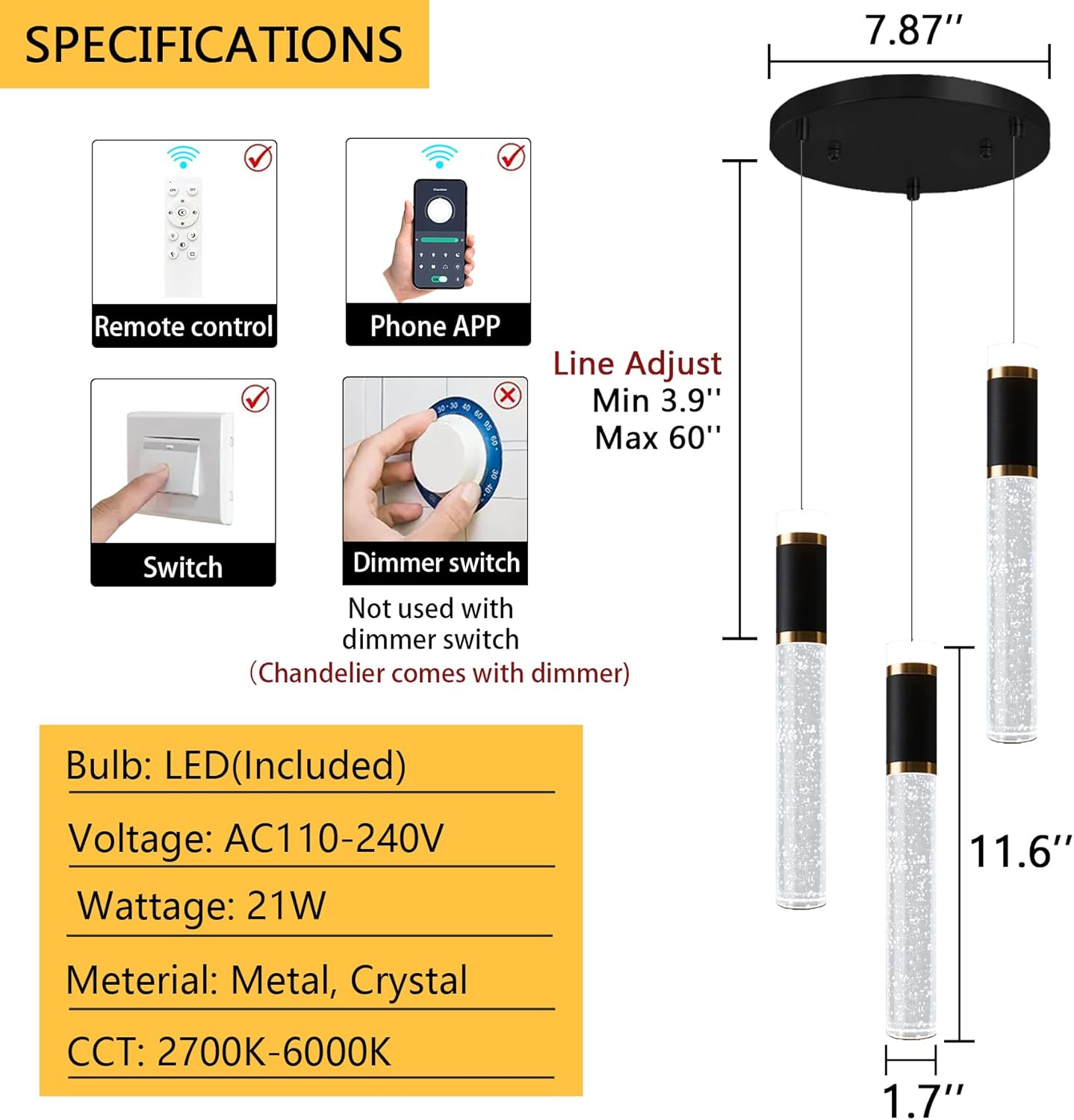 Mini Chandelier for Kitchen Island Modern Crystal Pendant Lighting LED Dining Room Hanging Lights Cylinder Drop Lights Ceiling Lighting Fixture Kitchen Sink Bedroom Bathroom 2700K 6000K