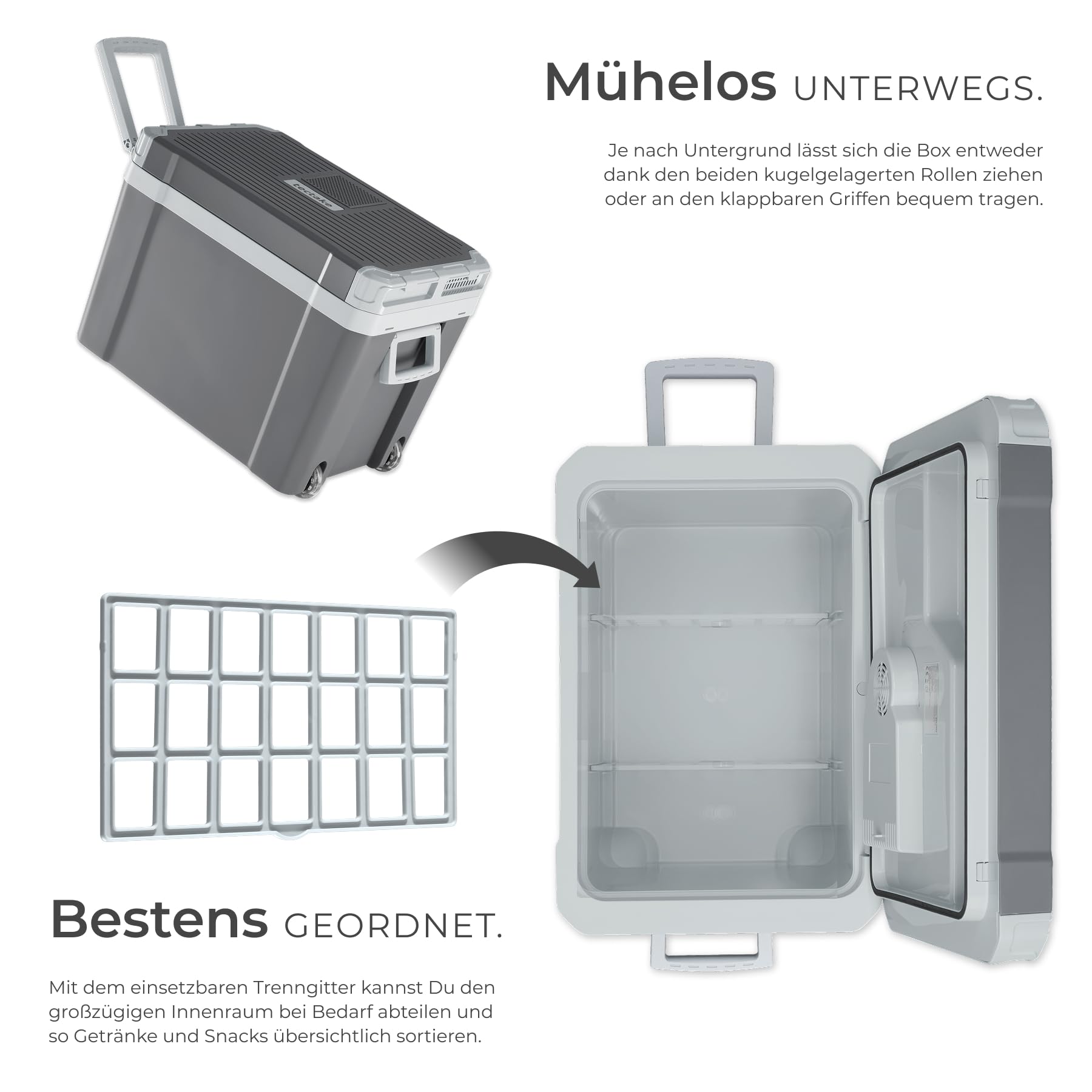 tectake® 2in1 elektrische Kühl- und Wärmebox, 35 l Fassungsvermögen, 52,5 x 35 x 40 cm, mit ECO-Modus, leise, 230 V und 12 V für Steckdosen- und Autoanschluss, für Camping, mit Griffen und Rollen