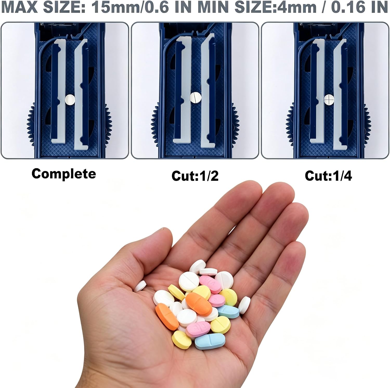 Multiple Pill Cutter Splitter for Small and Tiny Pills, Accurate 1/2 Tablet Splitter with Adjustable Bars & Hidden Blade, Safely Cuts Large Medication for Seniors & Pets, Dark Blue