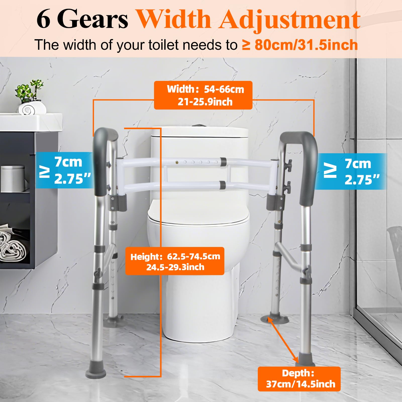 DePango Binari di sicurezza per WC, sedile WC regolabile con maniglie sopra il WC, robuste maniglie per WC per anziani e disabili, telaio stabile con bracci per anziani