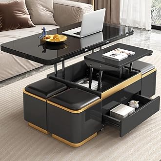 Guyii Multifunctional Lift Top Coffee Table, Extendable Coffee Table with 4 Storage Stools, Space Saving Folding Dining Table for Living Room, Office, Small Space