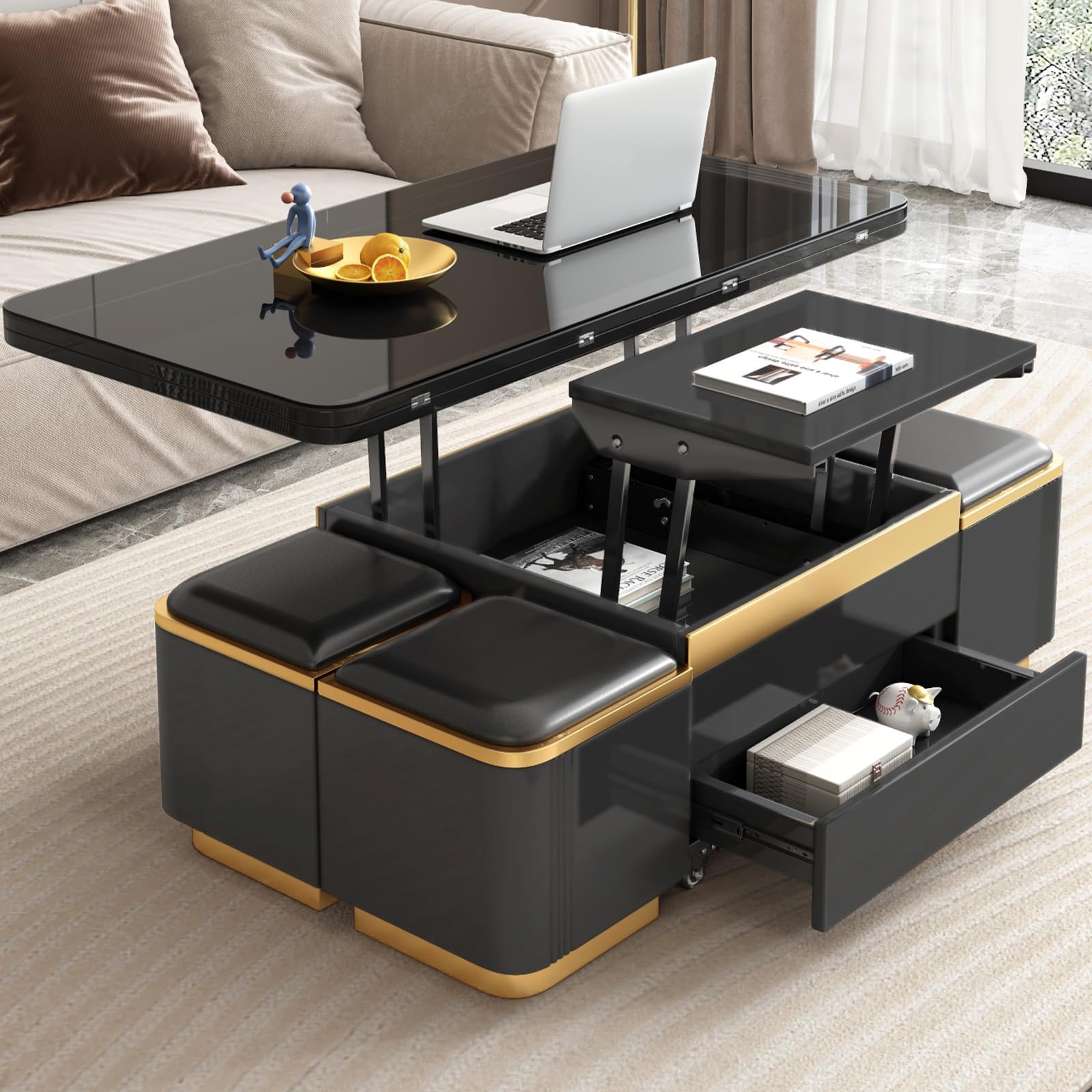 Guyii Multifunctional Lift Top Coffee Table, Extendable Coffee Table with 4 Storage Stools, Space Saving Folding Dining Table for Living Room, Office, Small Space