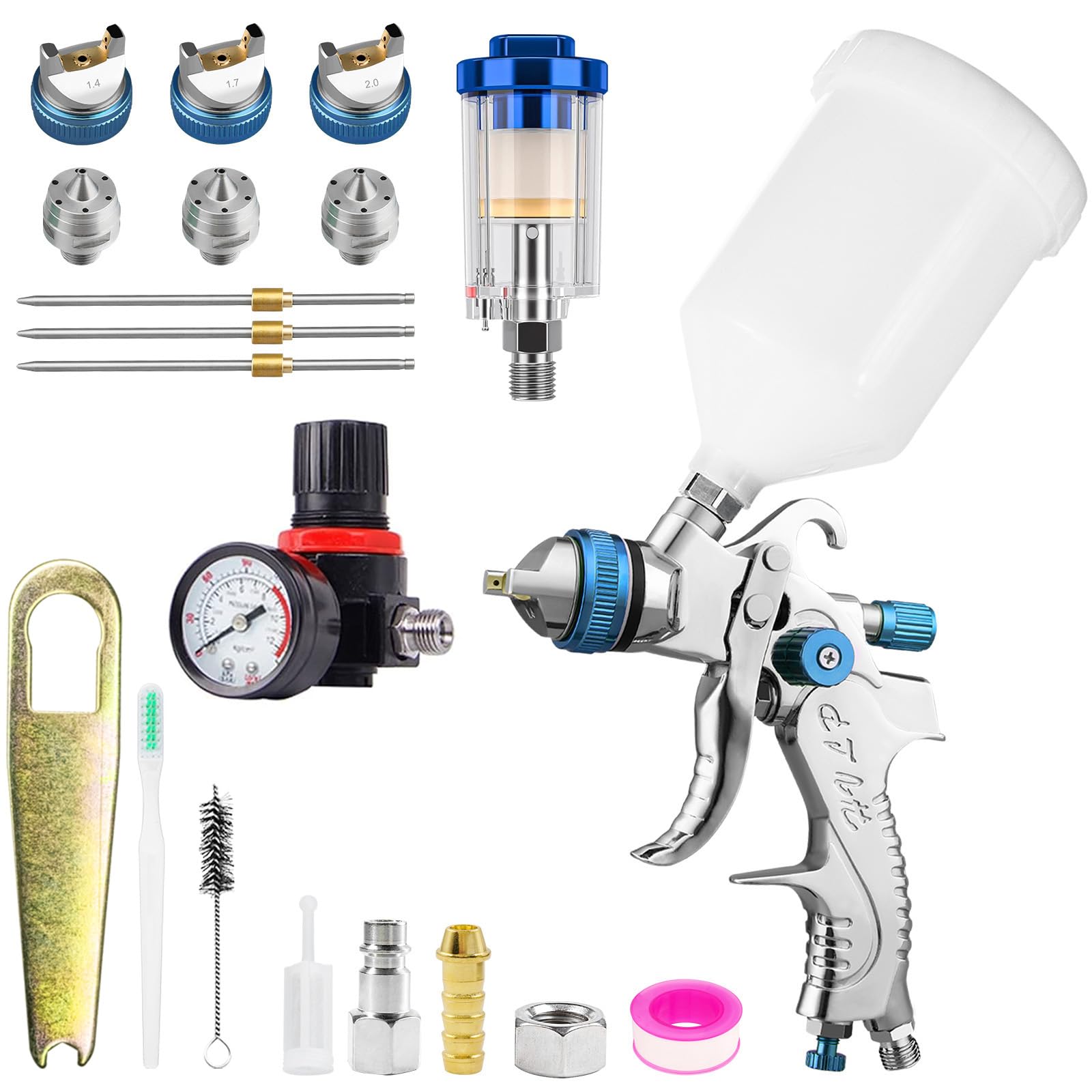 HVLP Pistola a Spruzzo Pistola Verniciatura Professionale Pistola Pneumatica per Vernice, con 3 Ugelli 1,4/1,7/2,0 mm, Manometro Dell'aria & Separatore Acqua-olio (blu-1.4/1.7/2.0)