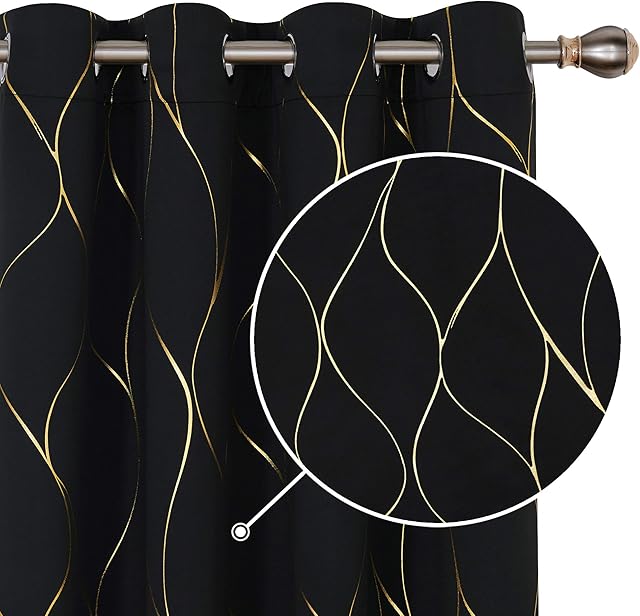 Deconovo Blackout Curtains, Gold Wave Foil Printed Curtains, Thermal Insulated Eyelet Curtains for Bedroom, 46 x 72 Inch (Width x Length), Black, One Pair