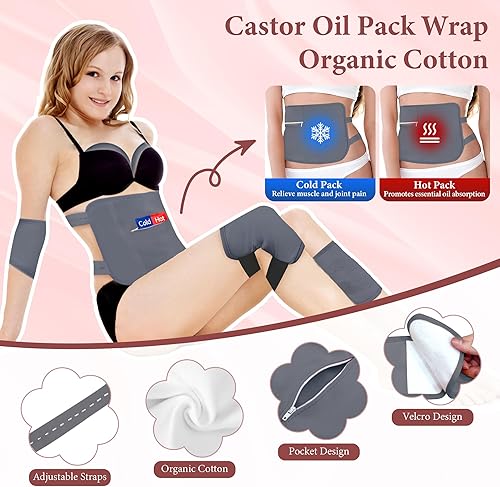 Miniatura 9 de Paquete de 7 unidades de aceite de ricino, kit de aceite de ricino orgánico para rodilla, cintura, pecho, cuello, pierna, correas elásticas