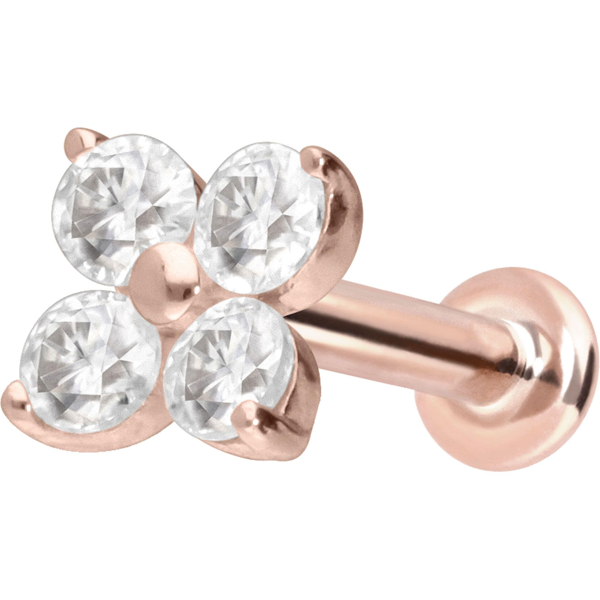 PIERCINGLINE Piercing Stecker 14 Gold Labret mit Innengewinde MOISSANIT-BLUME 585er Gold - Roségoldfarben, Goldfarben, Silberfarben
